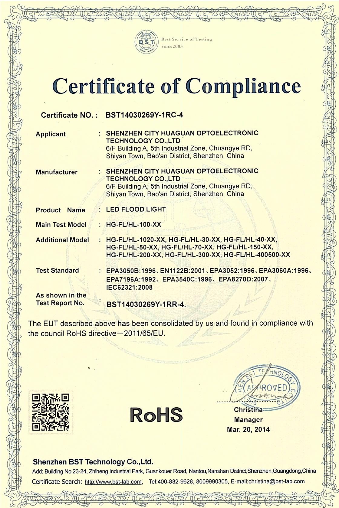 Shenzhen City Optoelectronic Technology Co.,Ltd Certifications