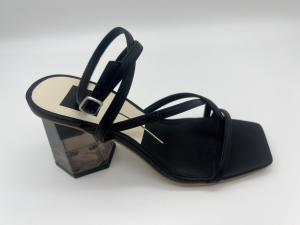 China Wide Fit Black Ladies Soft Leather Sandals Summer Square Toe Ankle Strap Heels wholesale