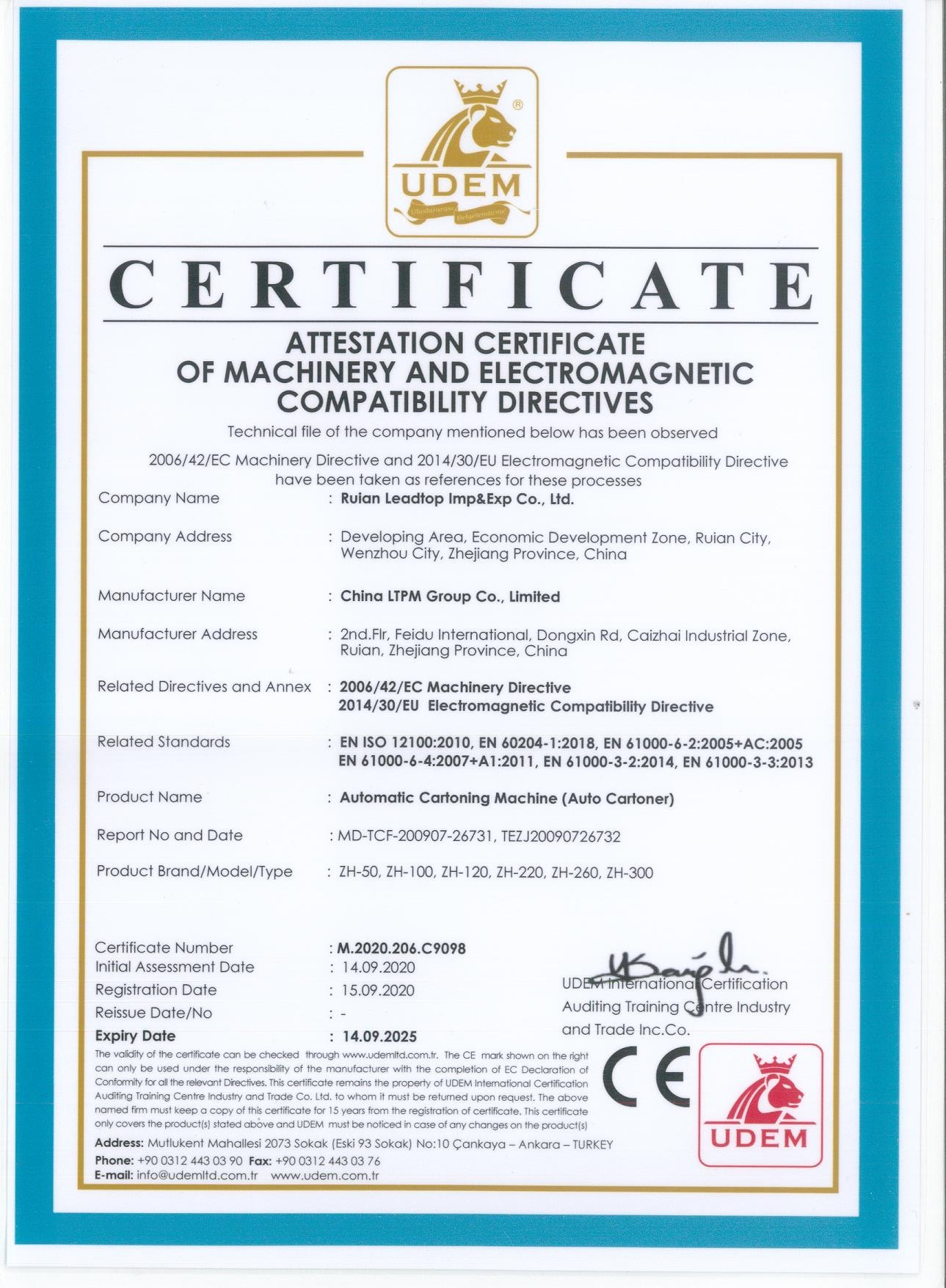 LeadTop Pharmaceutical Machinery Co., LTD Certifications
