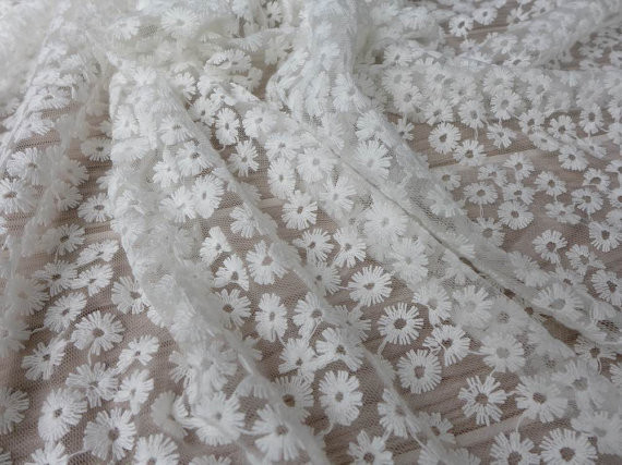 China Daisy Small Flower Nylon Mesh Fabric By The Yard , Off White Lace Fabric For Dresses on sale