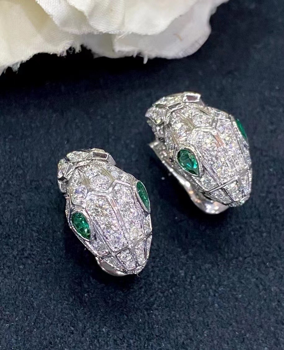 China 18k White Gold Bvlgari Serpenti Earrings Emerald Eyes Full Pave Diamonds wholesale