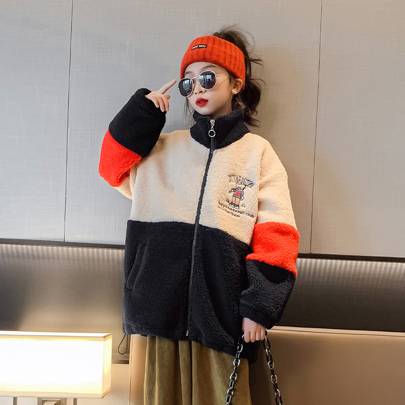 China Girls cotton-padded coat embroidery craft lamb fleece autumn and winter thickened children's top for children aged 4-16 on sale