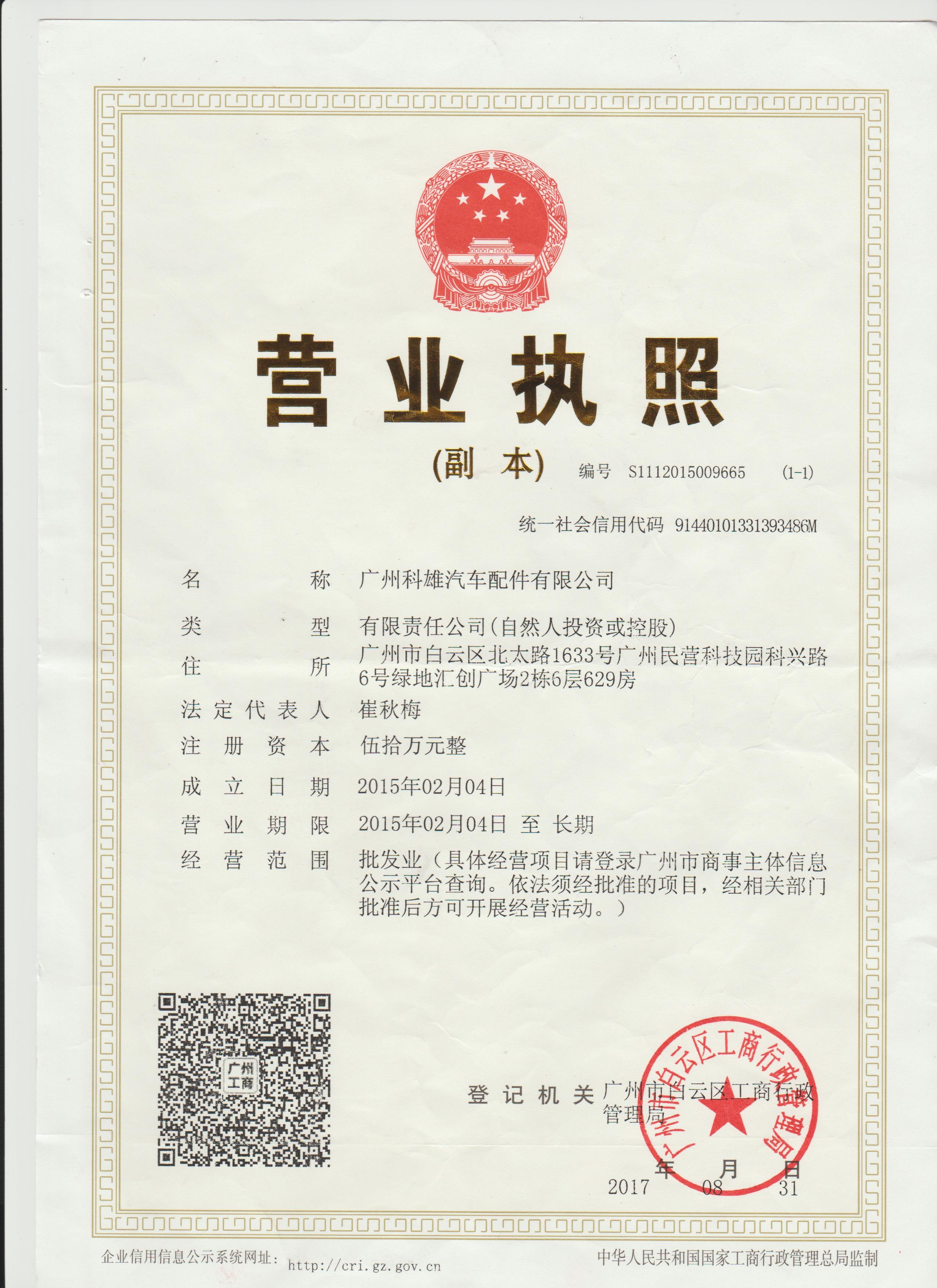 Guangzhou Tech master auto parts co.ltd Certifications