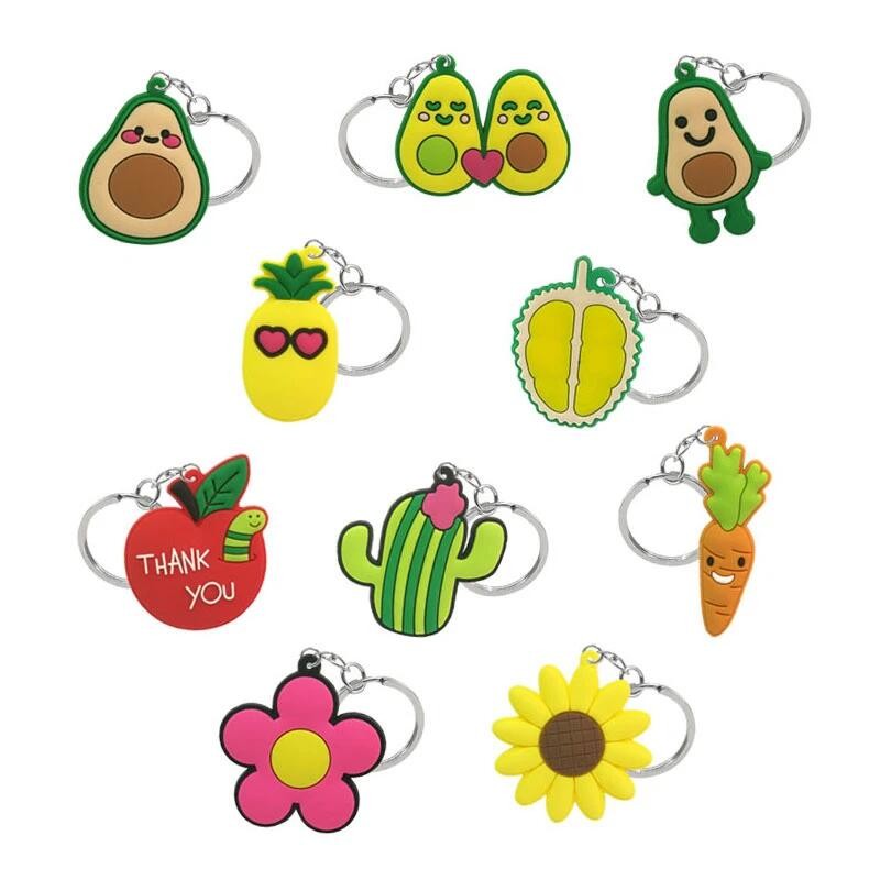 China Cartoon Rubber Silicone Keychain Flowers Avocado Apple Cactuscarrot Pineapple Durian wholesale