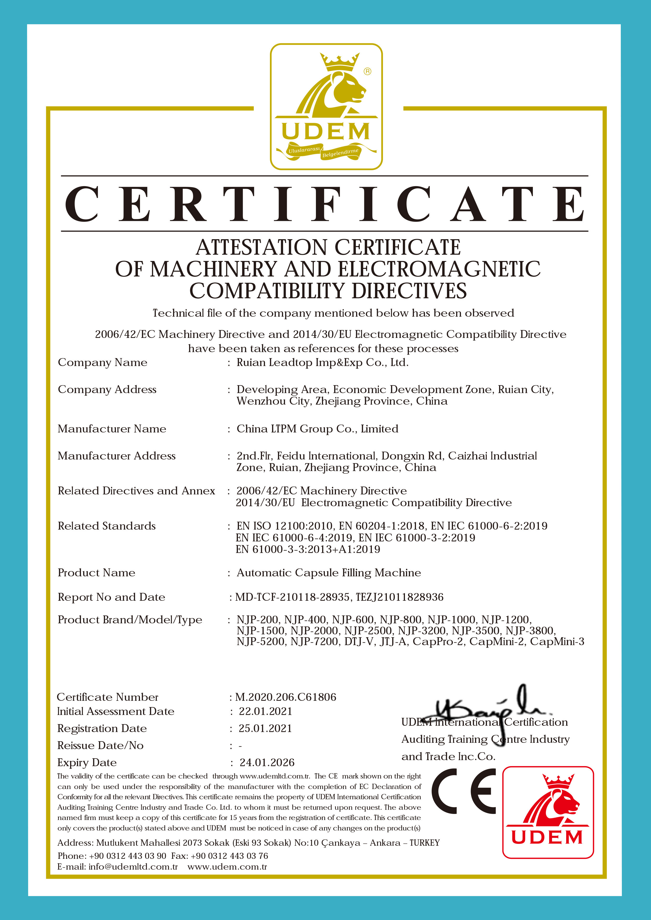 LeadTop Pharmaceutical Machinery Co., LTD Certifications