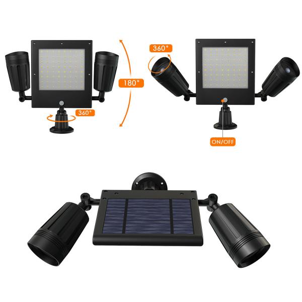 New solar light 360 degrees rotating double head spotlights Garden decoration 64LED wall lights garden lawn wall lights