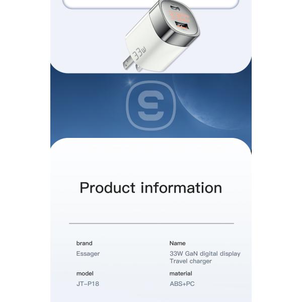 Essager 33W A+C Dual Port LED Digital Display GaN Wall Charger US Standard