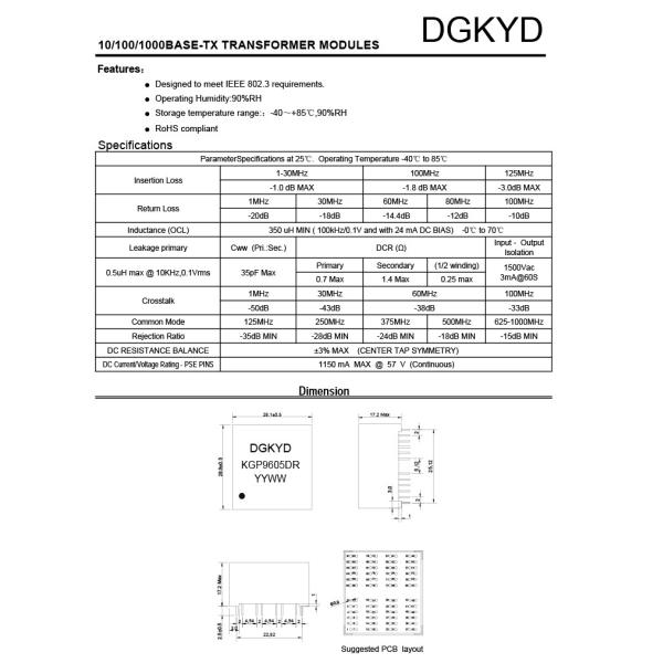 KGP9605DR 1000BASE-TX Ethernet Transformer Gigabit Ethernet Filter 96PIN DIP