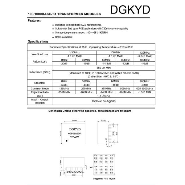 KGP9602DR 96PIN Patch Gigabit Network Transformer Ethernet Isolation Transformer DIP