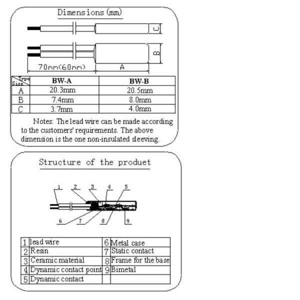 10A 250V 250C Thermal Protector BW Bimetal Switch