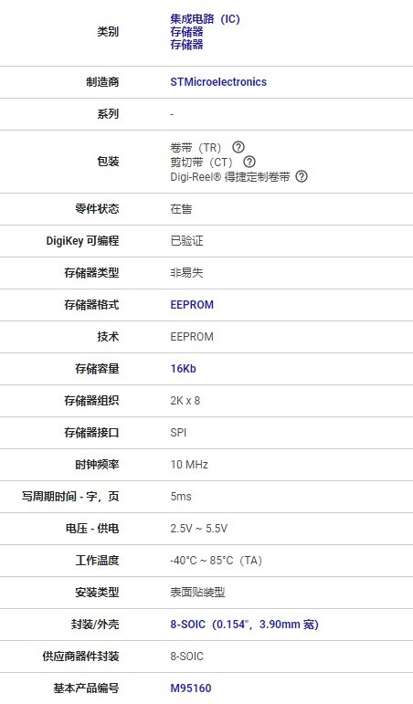 M95160-WMN6TP SOP8 16Kbit SPI bus EEPROM memory chip with high-speed clock