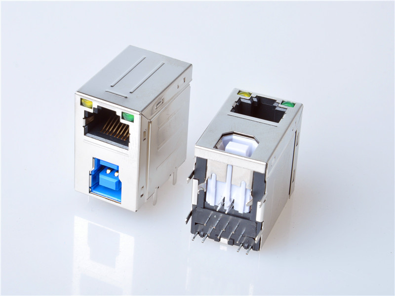 HULYN,RJ45 Modular Jack Connector, Shielded RJ45 + USB3.0 Combo Connector, Through Hole Type, LED