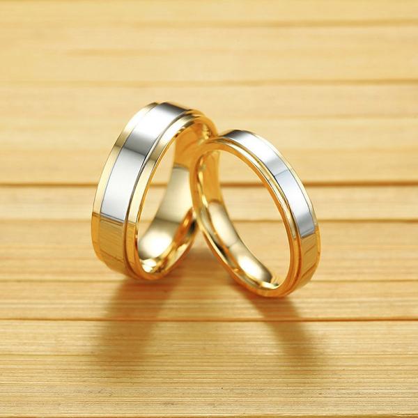 6mm 4mm Stainless Steel Couple Ring High Polished Silver Centre IP Gold Plated Simple Fashion Ring for Children's Party