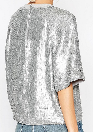 Bulk Mens Sequin T Shirt , Polyeste Back Zipper Metallic Silver T Shirt