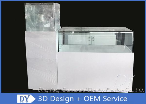 Quality Glossy White Square / Rectangle Custom Glass Display Cases With Shelf Inside for sale