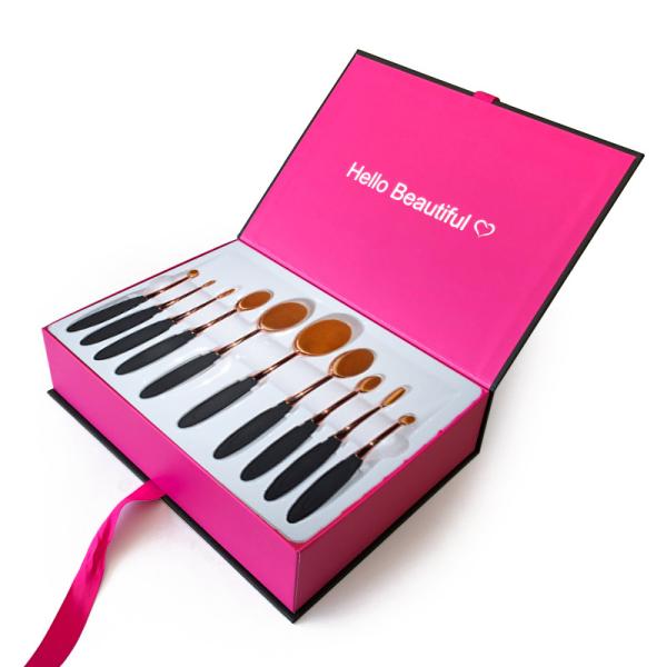 Pink Book Shape Ribbon Closure Make Up Shipping Cardboard Gift Packaging Boxes Makeup Brush Box With Plastic Blister Tra