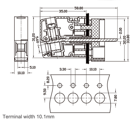 300V 65A Feed Through Terminal Blocks UL94-V0 Brass M4 PA66 10.1mm Width