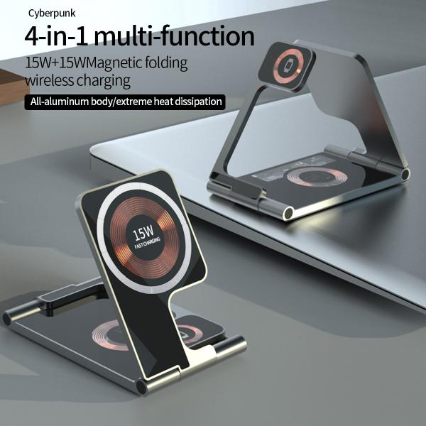 4 In 1 Aluminum Body Foldable Magnetic Wireless Charger Stand 15W Fast Charging