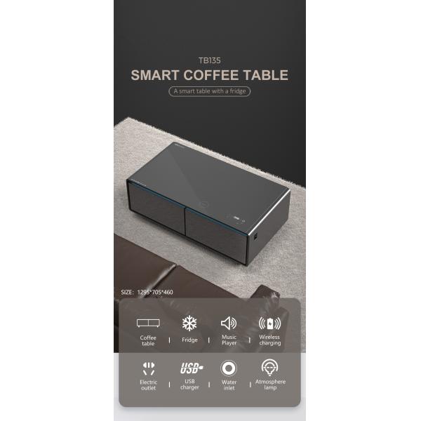 Black Modern Multifunction LED Coffee Table with 135L Refrigerator and Phone Charger
