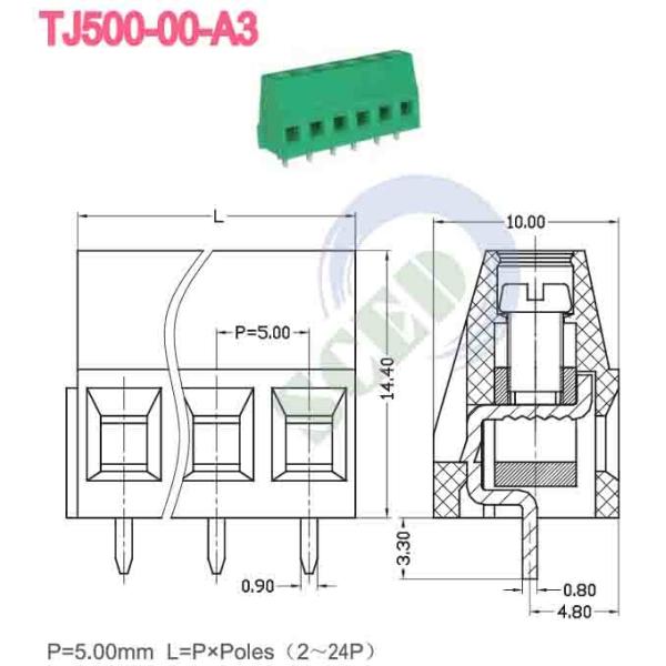 Pitch 5.00mm 300v PCB Terminal Block 10A 2P-24P Right Angle Wire Inlet 12-26 AWG