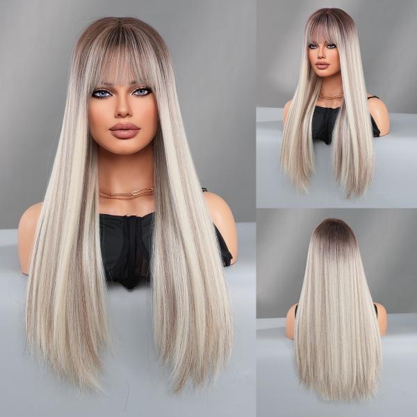 Fashion Long Straight Dark Root Hair Blonde Synthetic Wigs For Women