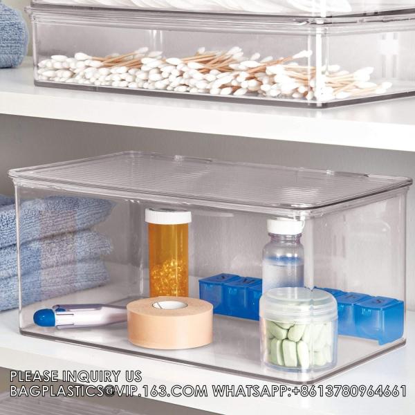 Plastic Bathroom Vanity Organizer Bin With Lid For Medication, Accessories, Cosmetics And More, 7.25" X 10.75" X 5"