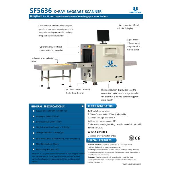 High Penetration 38mm SF5636 24 Bit X Ray Baggage Scanner CE / ISO