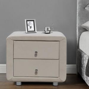 China Velvet Fabric 2 Drawer Bedside Tables Plush Upholstered Nightstand Beige With Chrome Handles wholesale
