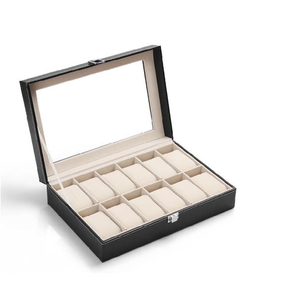 12 Slots Grid PU Leather Locked Wood Watch Display Box Black Color 260*180*100mm