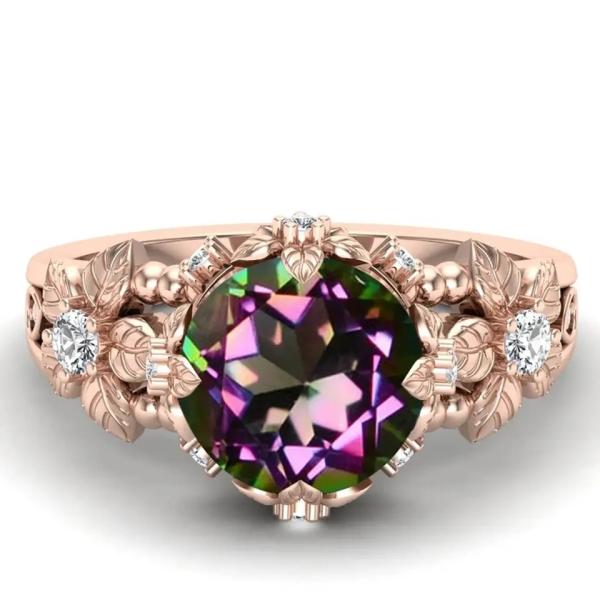 14K Gold Plated Sterling Silver Vintage Art Round Cut Mystic White Topaz Gemstone Engagement Rings