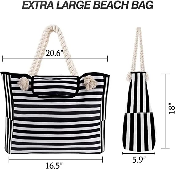 Custom Printed Waterproof Stripe Cotton Canvas Beach Bag With Grommet Rope Handle