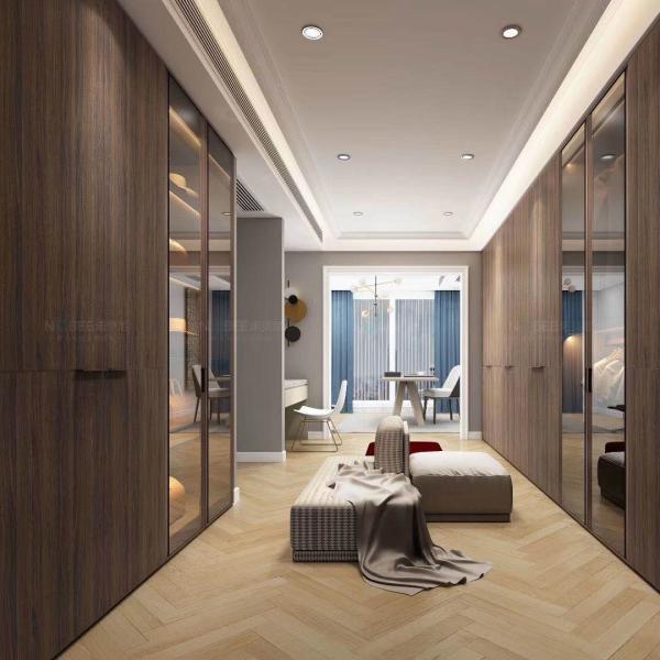 Stain resistant glass door wardrobe in modern bedroom setting