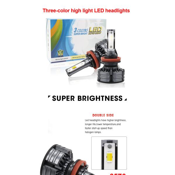 Universal 3 Color Brightest Led Headlight Bulbs H1 H3 H4 H7 H11 9005 9006
