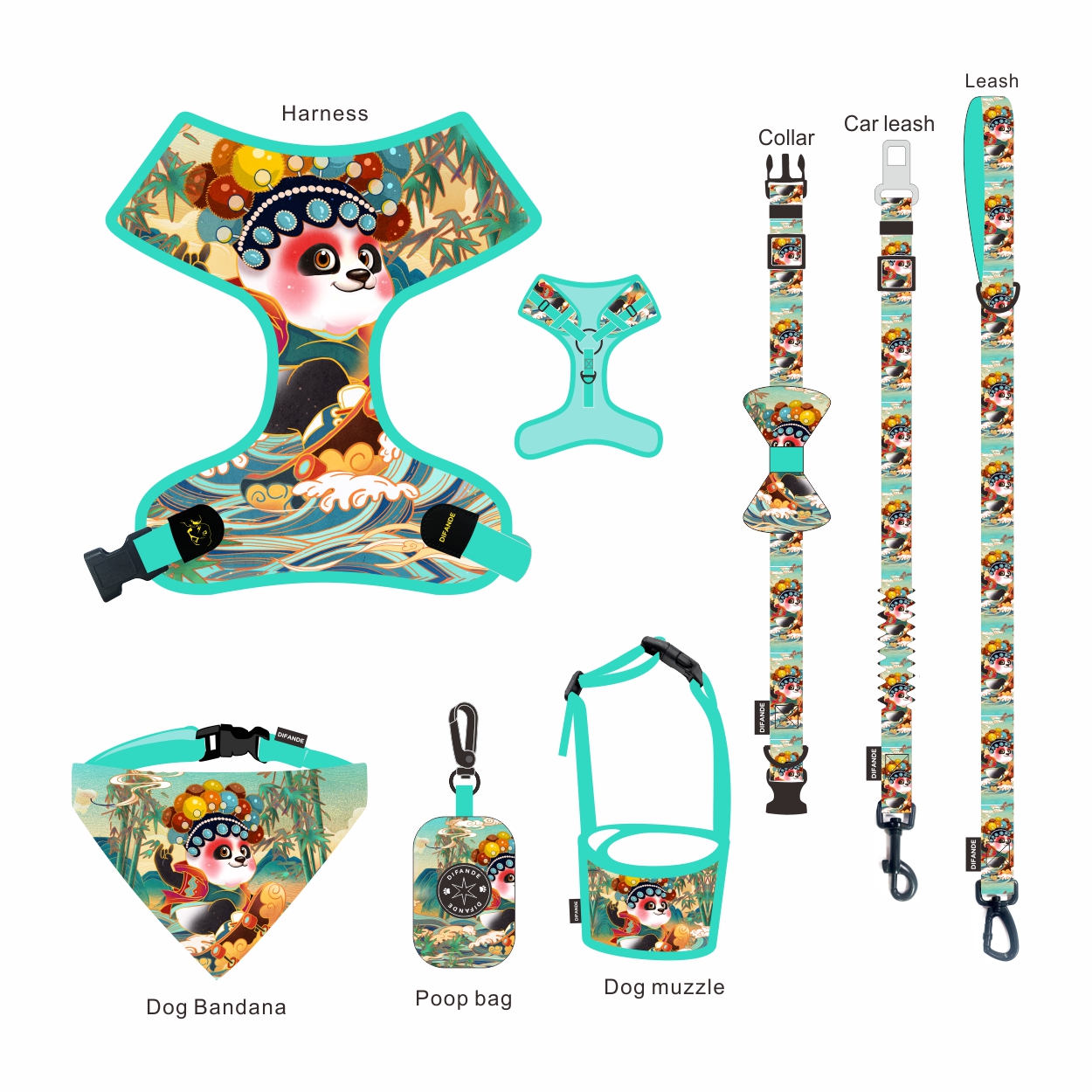 Custom Printed Pet Collar Leash Waterproof Dog Leash With Poop Bag Holder