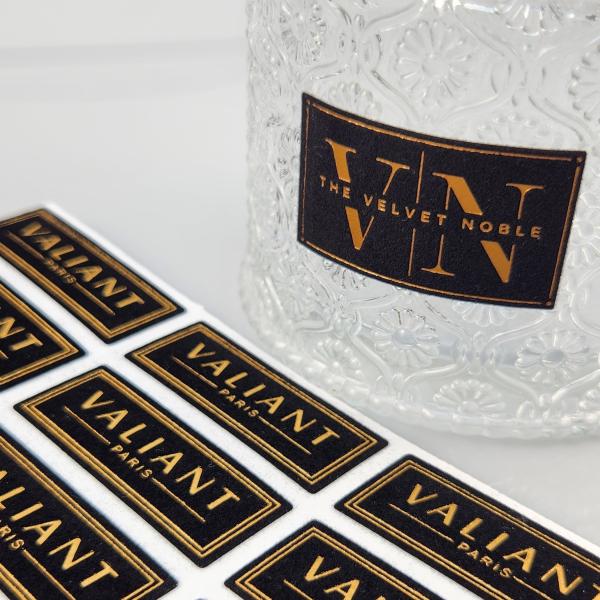High Quality Customized Embossed UV Gold Foil Printing Card Press Gold Art Paper Velvet Gold Stamping Label Sticker for Perfume & Party