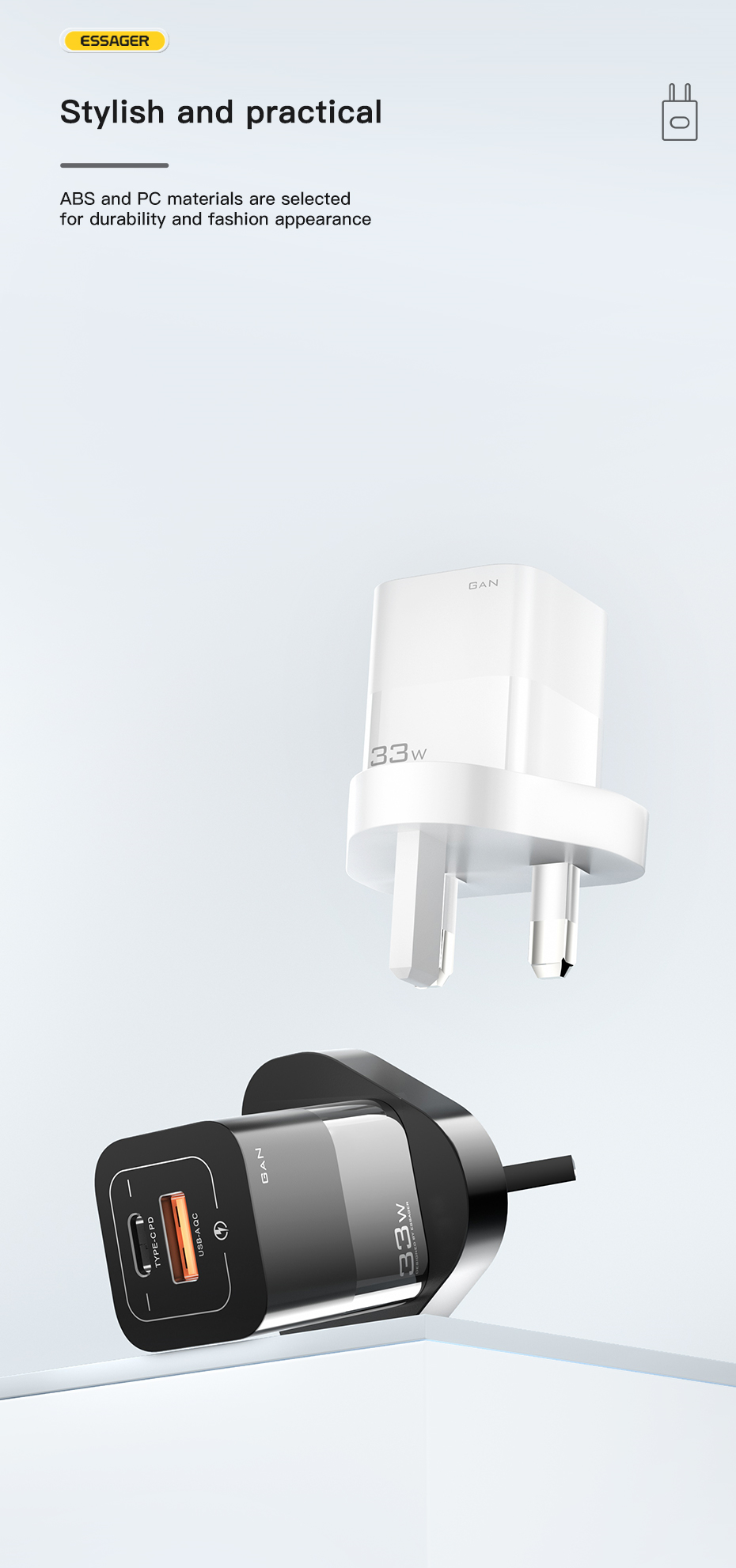 Essager 33W QC3.0 PD3.0 Type C USB Dual Port Phone GaN Wall Charger