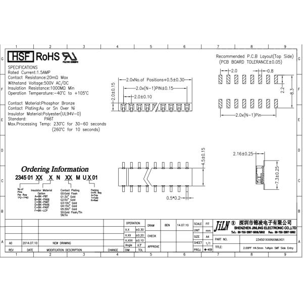Female Header Side Entry Singe Row SMT Type For Pcb Board 2.00mm Pitch