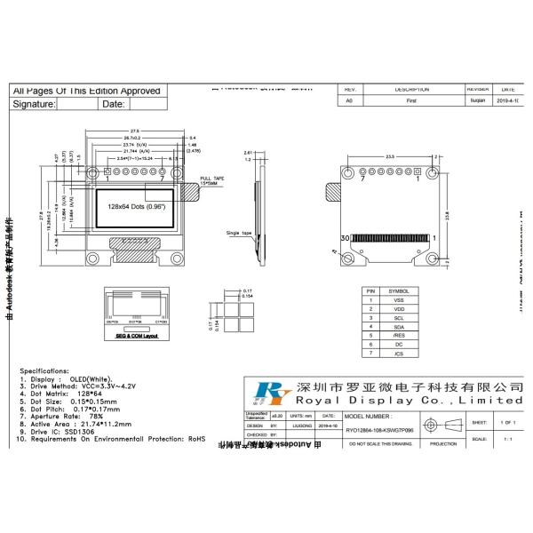 0.96 Inch I2c Spi Micro Panel Module 128X64 SSD1306 OLED