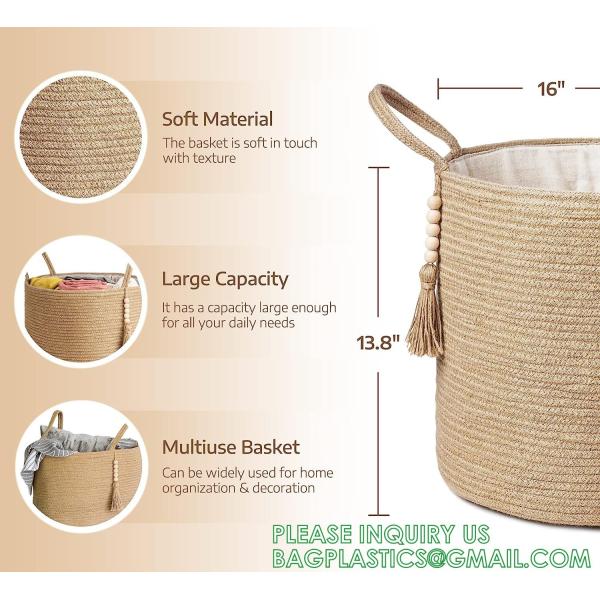 storage Basket Decorative Rope Basket Wooden Bead Decoration For Blankets,Toys,Clothes,Shoes,Plant Organizer Bin
