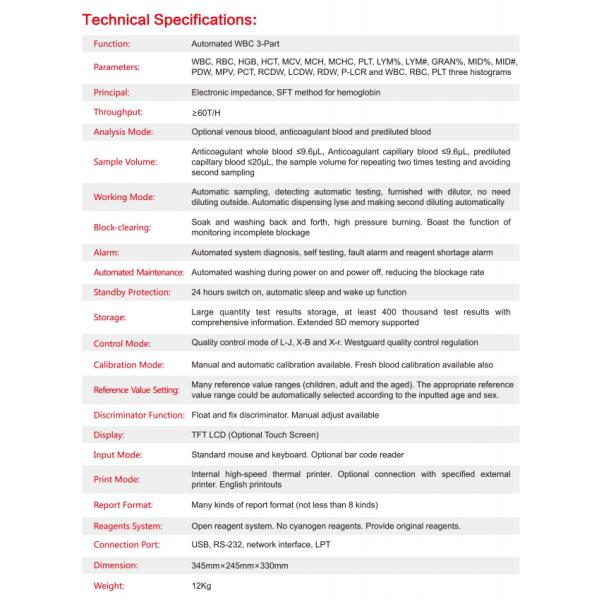 Portable 3 Part Automated Hematology Analyzer Differential