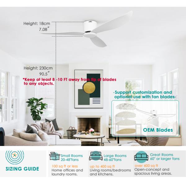 White Modern Flush Mount Ceiling Fan , DC Motor Kitchen Fan Light