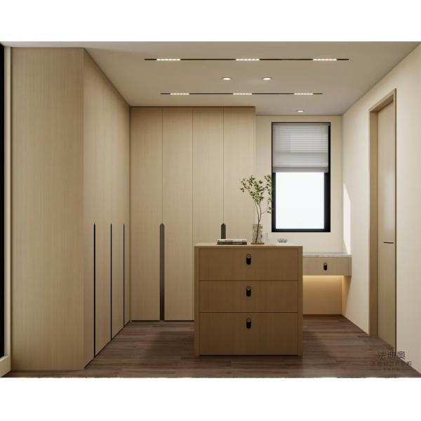 Stainless Steel Fadior Light Wood Grain Walk-in Closet With Functional Island And L Shaped design