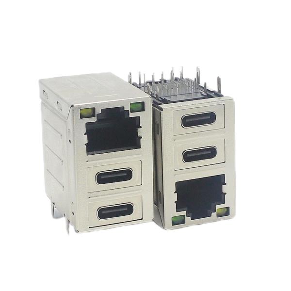 Quality STD Dual Type C Female Stacked USB Connectors Combo Micro USB PCB Mount RJ45 W/ Leds for sale