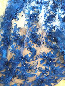China 3D Rhinestone Beaded Tulle Fabric , Embroidered Royal Blue Lace Fabric For Bridal Gown wholesale
