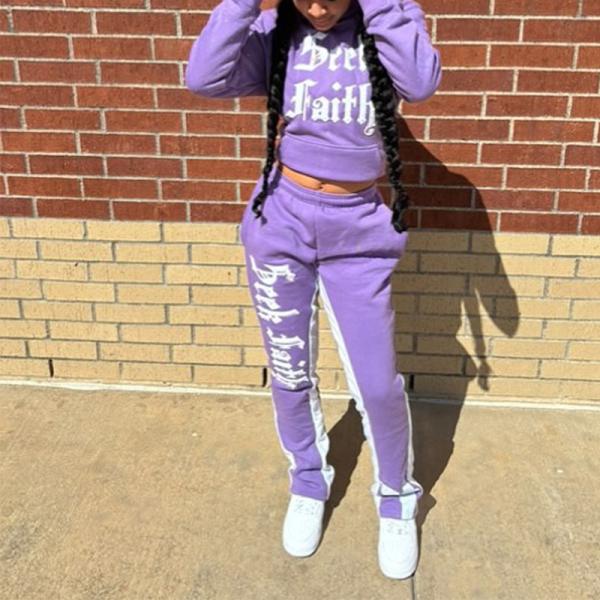 Clothing Manufacturers Custom Women Boxy Fit Crop 3d Puff Print Hoodie Jogger Set Hoodie and Flared Baggy Stacked Sweatpants Set