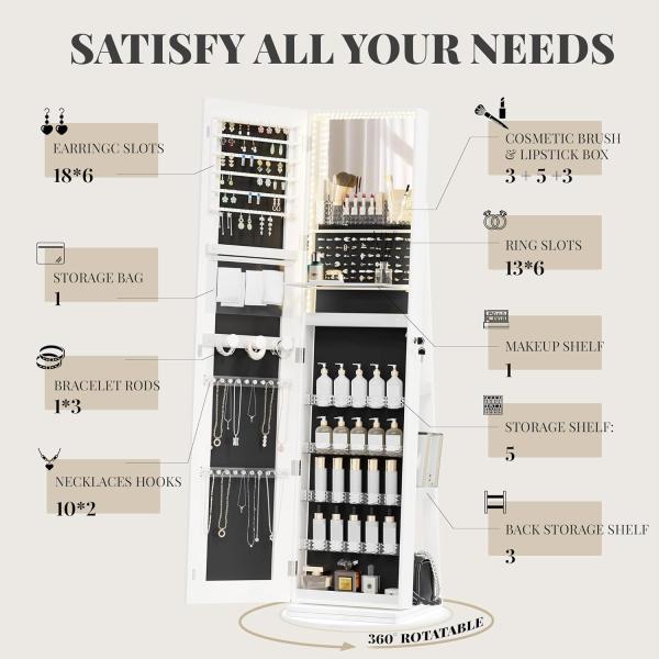 Modern Full Length Mirror Jewelry Cabinet with 3 Back Shelves Makeup Storage and Dual-Lock System