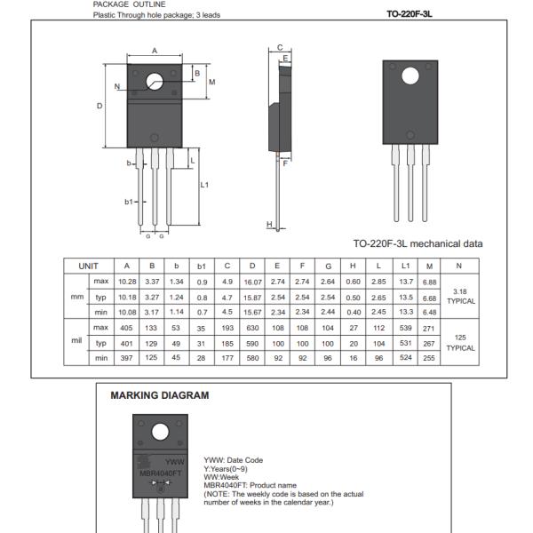 High Current Capability MBR40100FT TO-220F-3L 40A 100V Schottky Diode MBR4040FT THRU MBR40200FT For Switching Power