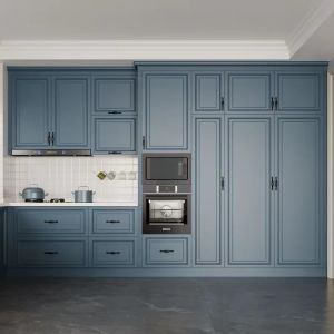 Melamine Solid Wood Laminate Blue Gray Kitchen Cabinets Scratch Resistant