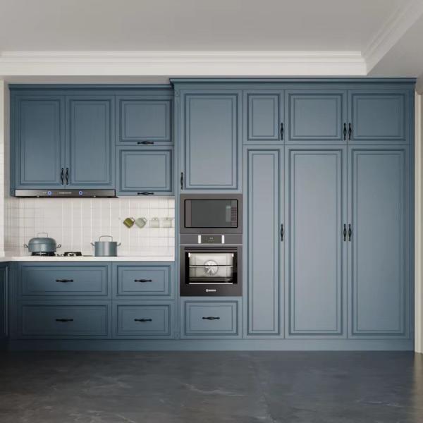 Melamine Solid Wood Laminate Blue Gray Kitchen Cabinets Scratch Resistant
