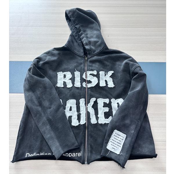 Custom Men's Heavy Weight 400 gsm Vintage Acid Wash Zip Up Hoodie with Embroidery Patch